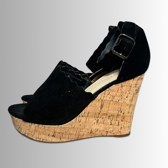 Marc Fisher Haya Black Leather Suede Cork Ankle Strap Peep Toe Wedge Sandal, 8 - Picture 2 of 8